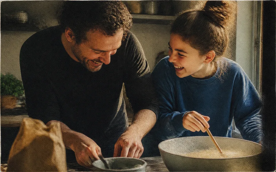 A parent and child laughing together while preparing food at home