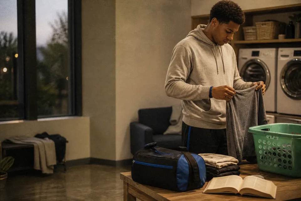 A student-athlete managing laundry, a book, and a packed athletics bag at home
